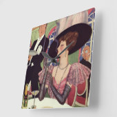 ヴィンテージウーマン喫煙シガレットドリンクシャンパン スクエア壁時計 (傾斜)