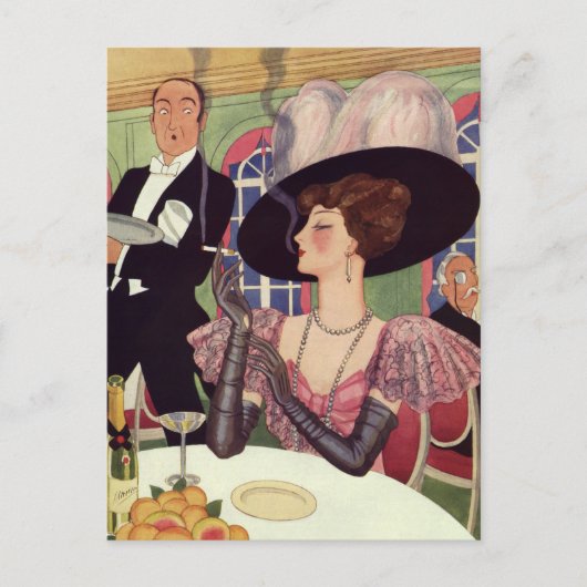 ヴィンテージウーマン喫煙シガレットドリンクシャンパン ポストカード (正面)