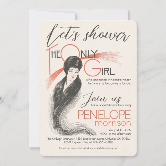 ヴィンテージウーマン – 唯一の女の子ブライダルシャワー 招待状 (正面)