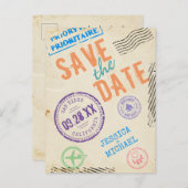 ヴィンテージエアメール切手タイポグラフィ日付の保存 インビテーションポストカード (正面/裏面)