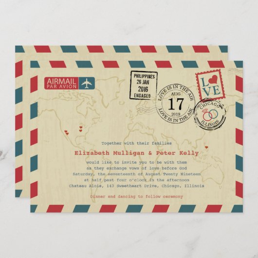 ヴィンテージエアメール結婚ワールドトラベラー 招待状 (正面/裏面)