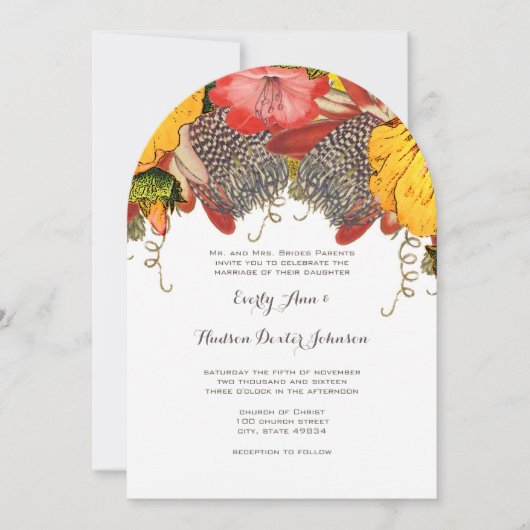 ヴィンテージエキゾチックとロマンチック赤と黄色のフローラ 招待状 (正面)