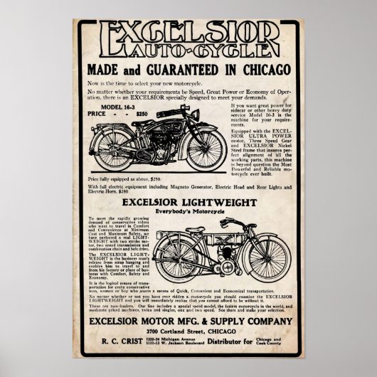 ヴィンテージエクセルシオールオートバイカンパニープリント ポスター (正面)
