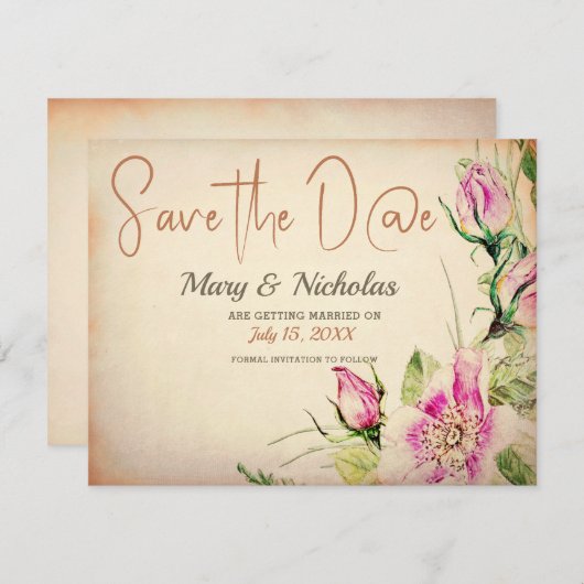 ヴィンテージエグランチンフローラ結婚式の日付を保存 招待状 (正面/裏面)