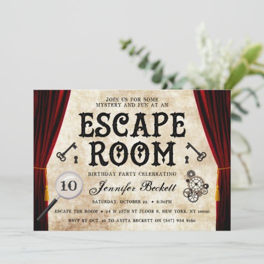 ヴィンテージエスケープルームパーティー任意の年齢誕生日 招待状 (スタンド正面)