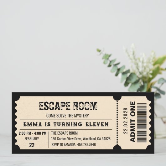 ヴィンテージエスケープルームミステリー誕生日チケットパーティー 招待状 (スタンド正面)