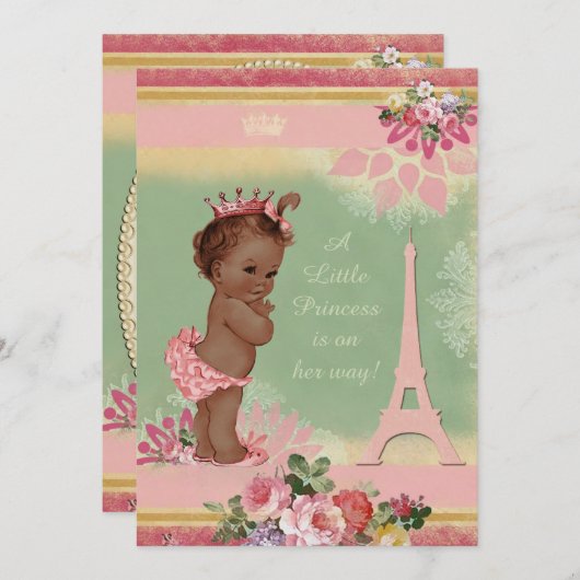 ヴィンテージエスニックプリンセスエッフェルタワーベイビーシャワー 招待状 (正面/裏面)