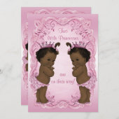 ヴィンテージエスニックプリンセスツインズベビーシャワーピンク 招待状 (正面/裏面)