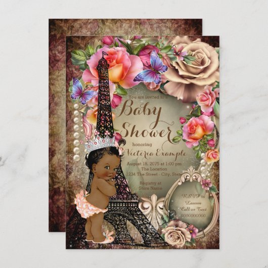 ヴィンテージエスニックプリンセスパリベビーシャワー 招待状 (正面/裏面)