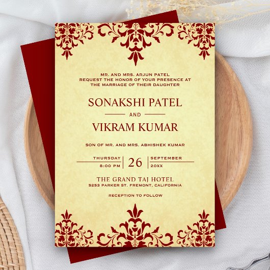 ヴィンテージエスニックレッドダマスクインディアン結婚ズ 招待状