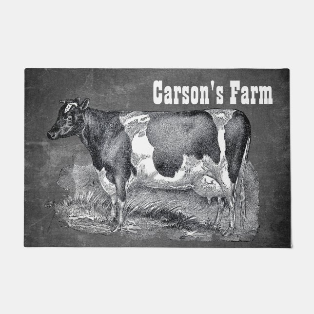 ヴィンテージエッチング、白黒ウシ、 ドアマット (正面)