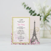 ヴィンテージエッフェルタワーとピンクの花お茶パーティー 招待状 (スタンド正面)
