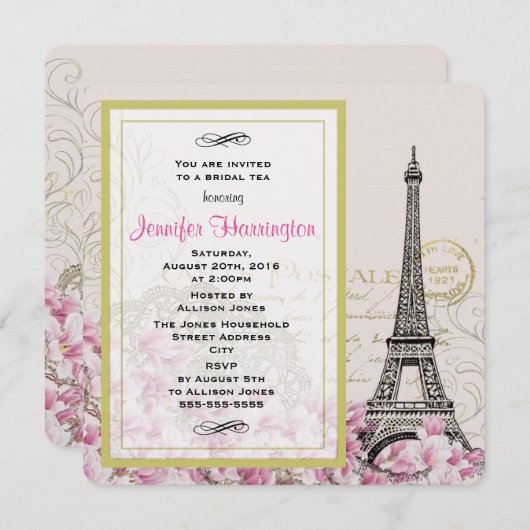 ヴィンテージエッフェルタワーとピンクの花ブライダル茶 招待状 (正面/裏面)