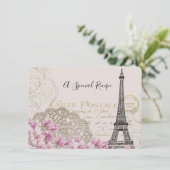 ヴィンテージエッフェルタワーとピンクの花レシピカード 招待状 (スタンド正面)