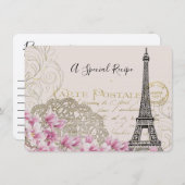 ヴィンテージエッフェルタワーとピンクの花レシピカード 招待状 (正面/裏面)