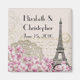 ヴィンテージエッフェルタワーとピンク結婚の花の日 マグネット