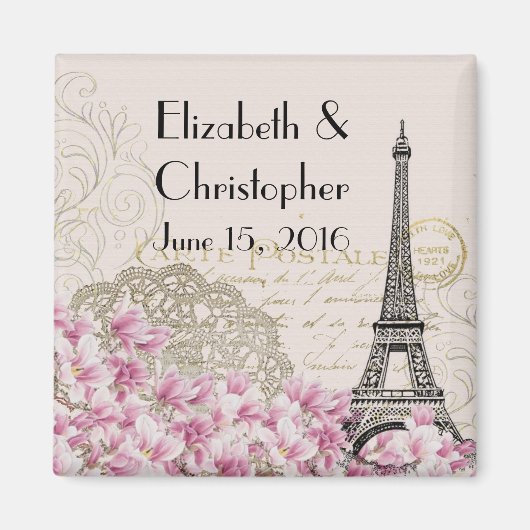 ヴィンテージエッフェルタワーとピンク結婚の花の日 マグネット (正面)