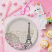 ヴィンテージエッフェルタワーコラージュとピンクのワイルドフラワー ペーパープレート (パーティー)