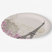 ヴィンテージエッフェルタワーコラージュとピンクのワイルドフラワー ペーパープレート (アングル)