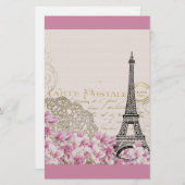 ヴィンテージエッフェルタワーコラージュとピンクのワイルドフラワー 便箋 (正面/裏面)