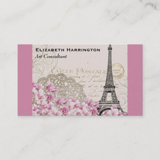 ヴィンテージエッフェルタワーコラージュとピンクのWIldflower 名刺 (正面)