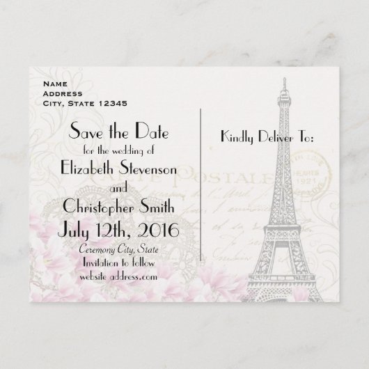 ヴィンテージエッフェルタワーパリジャンスタイル保存日付 案内ポストカード (裏面)
