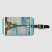 ヴィンテージエッフェルタワーパリフランスティール(緑がかった色)&ホワイトラグ ラゲッジタグ (正面横)