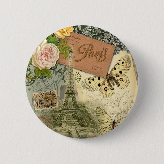 ヴィンテージエッフェルタワーパリフランストラベルコラージュ 缶バッジ (正面)