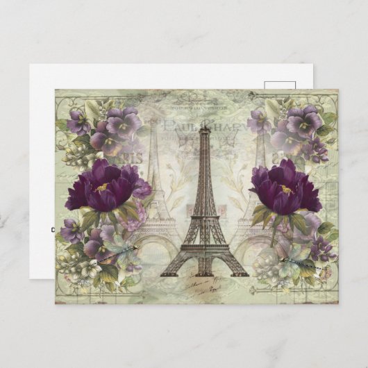 ヴィンテージエッフェルタワーパリフランスフラワーズ ポストカード (正面/裏面)