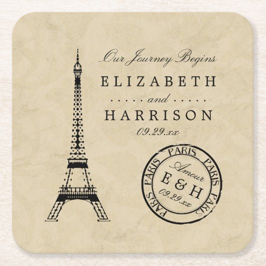 ヴィンテージエッフェルタワーパリポストマーク結婚ズ スクエアペーパーコースター (正面)