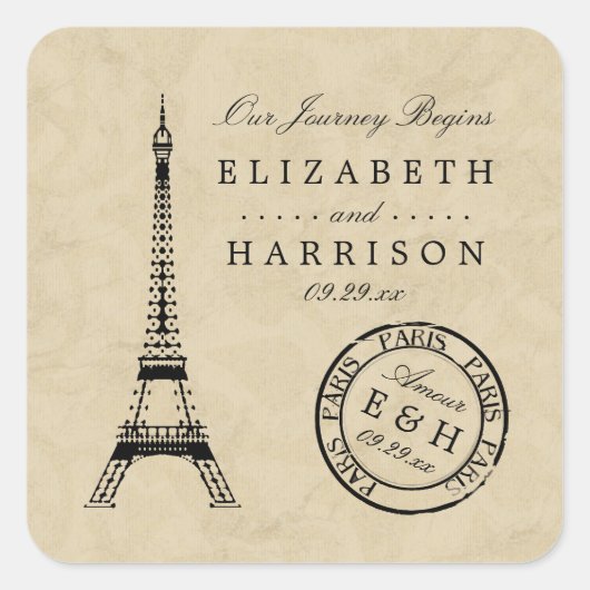 ヴィンテージエッフェルタワーパリポストマーク結婚式の引き出物 スクエアシール (正面)