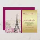 ヴィンテージエッフェルタワーピンク花金ゴールドブルゴーニュ エンクロージャーカード (正面/裏面)