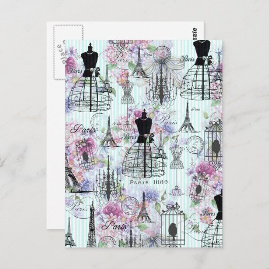 ヴィンテージエッフェルタワーマネキンフローラコラージュ ポストカード (正面/裏面)