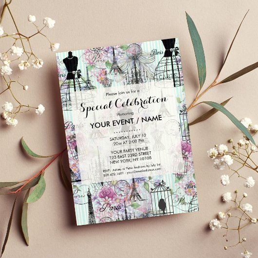 ヴィンテージエッフェルタワーマネキンフローラコラージュ 招待状