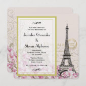 ヴィンテージエッフェルタワー(ピンクのワイルドフラワー結婚ズ) 招待状 (正面/裏面)