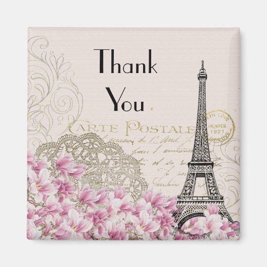 ヴィンテージエッフェルタワー(ピンク色の花が咲き誇る) マグネット (正面)