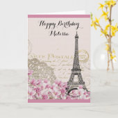 ヴィンテージエッフェルタワー(ピンク色の花誕生日) カード (黄色い花)