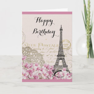 ヴィンテージエッフェルタワー(ピンク色の花誕生日) カード