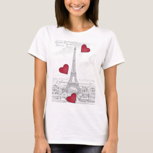 ヴィンテージエッフェルタワー – 赤いハート Tシャツ