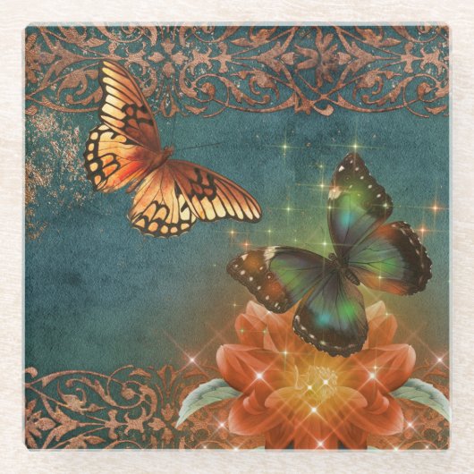 ヴィンテージエテリアオレンジバタフライオンティール(緑がかった色) ガラスコースター (正面)