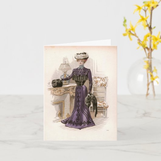 ヴィンテージエドワーディアンレディキツネファッションイラストレーション カード (黄色い花)