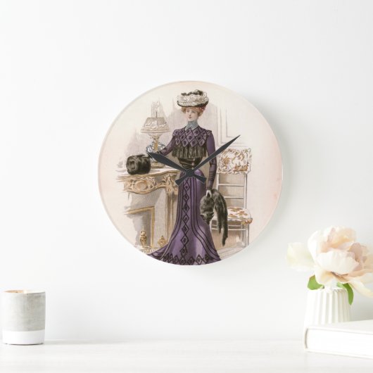 ヴィンテージエドワーディアンレディキツネファッションイラストレーション ラージ壁時計 (ホーム)