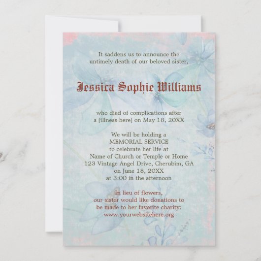 ヴィンテージエビクトリアンンジェルブルー記念死 案内状 (裏面)