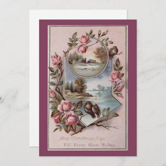 ヴィンテージエフェメラクリスマスバードの風景フローラ シーズンカード (正面/裏面)