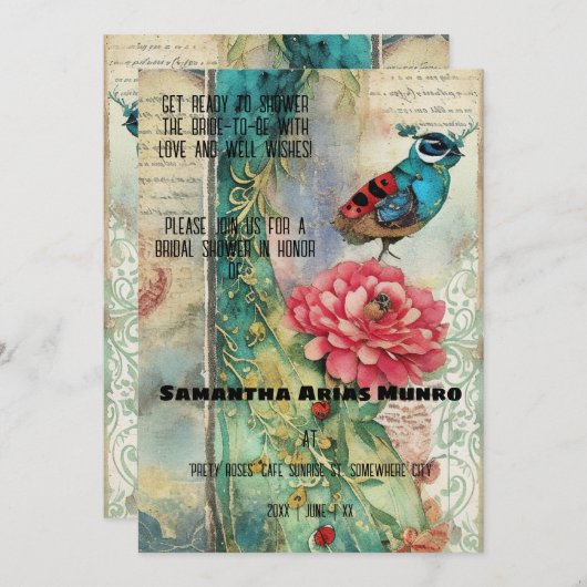 ヴィンテージエフェメラファンタジーバードブライダルシャワー 招待状 (正面/裏面)