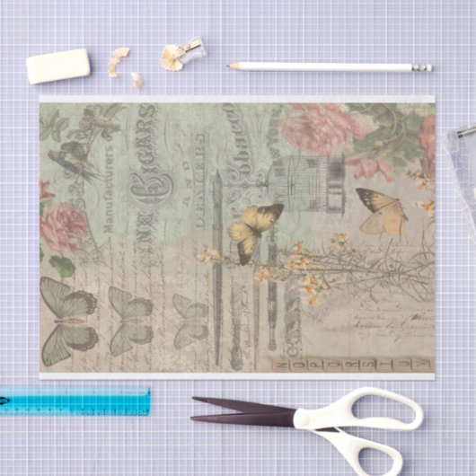 ヴィンテージエフェメラ&バタフライシャビーシックデコップページ 薄葉紙 (クラフト)