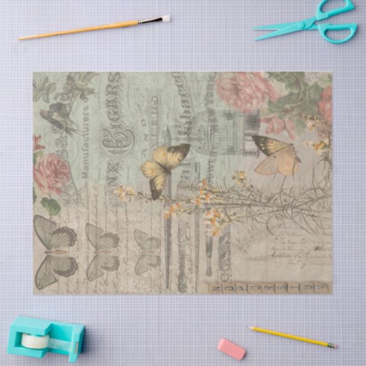 ヴィンテージエフェメラ&バタフライシャビーシックデコップページ 薄葉紙 (クラフト)