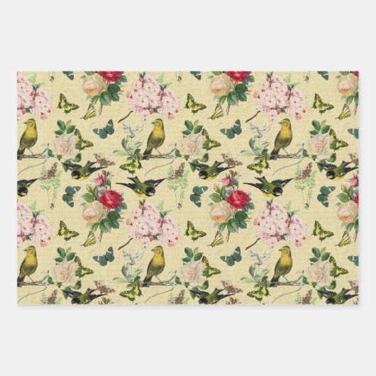 ヴィンテージエフェラバラ蝶と鳥のパターン ラッピングペーパーシート (正面)