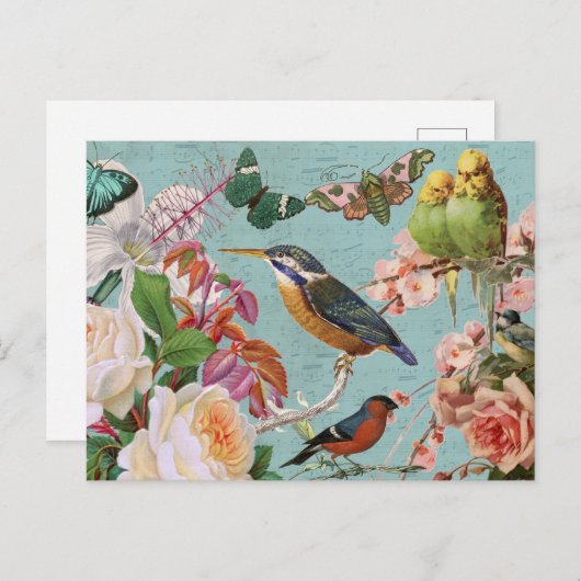 ヴィンテージエフェラバラ蝶と鳥コラージュ ポストカード (正面/裏面)