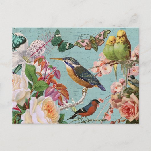 ヴィンテージエフェラバラ蝶と鳥コラージュ ポストカード (正面)